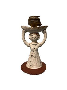 Old Chippy Rusty Cast Iron Scandinavian Style Candle Holder Girl With Basket